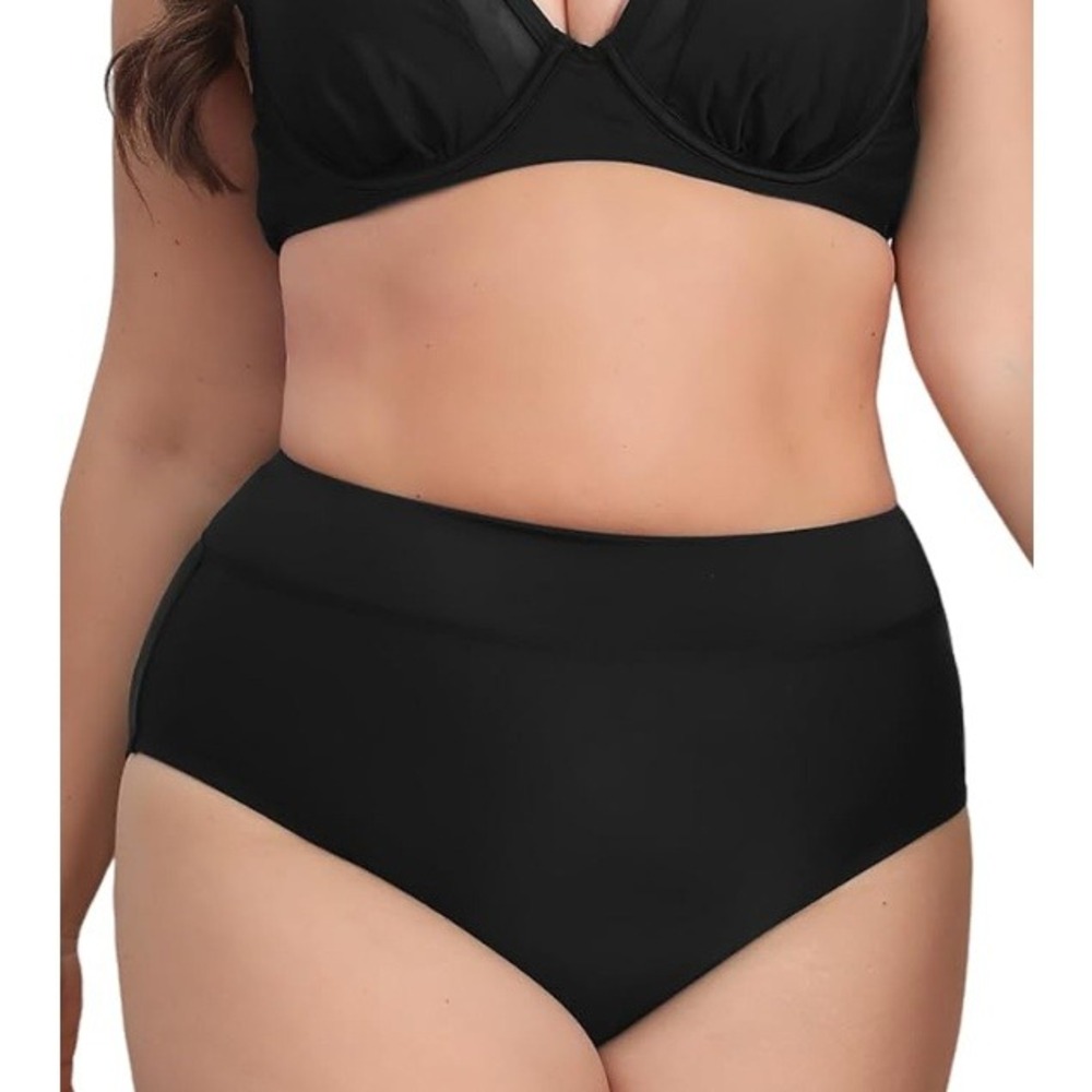 Cupshe Women's Black Ribbed‎ High Waist Swim Bikini Bottoms Plus Size 1X NWT